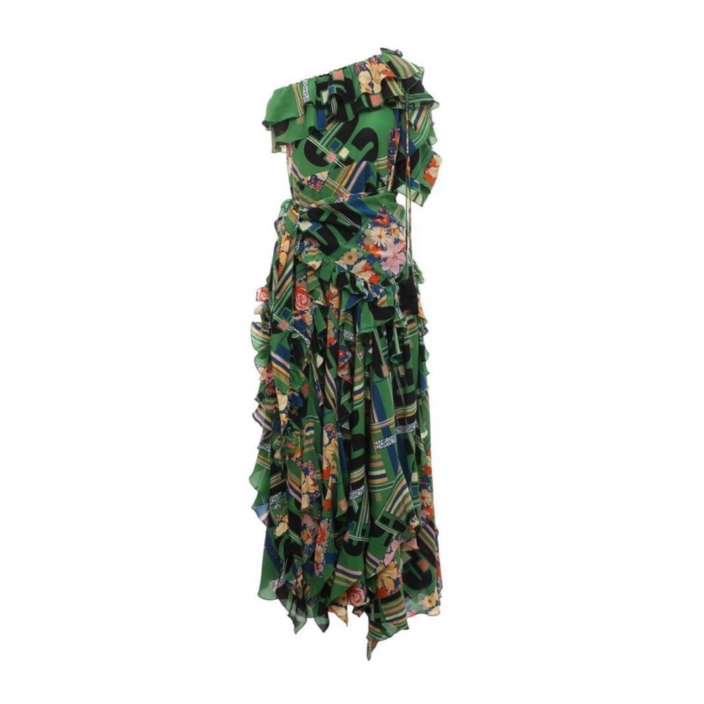 Gucci Green Silk Multi-Print Ruffle Maxi Dress with Floral Accents